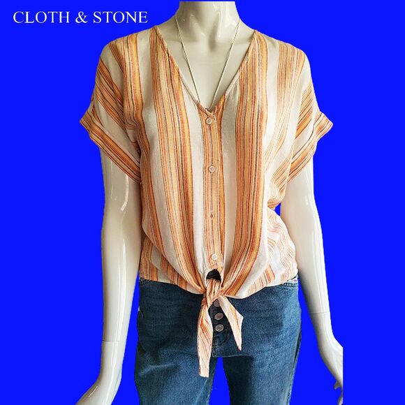 CLOTH & STONE NEW Linen Stripe V-Neck Tie Cuff Sleeve Crop Top M - Picture 2 of 12